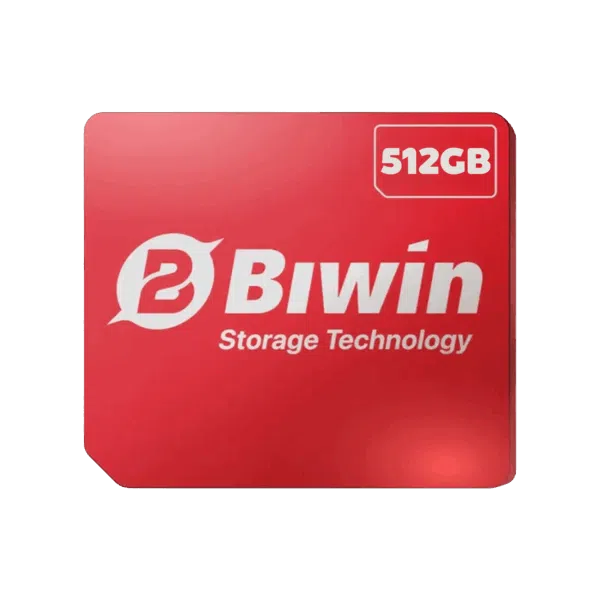 The logo for Biwin Storage Technology on a glossy red, square card, with a white badge in the top right corner that reads "512GB", set against a dark green background.