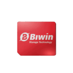 The logo for Biwin Storage Technology, featuring a stylized white "B" and the text "Biwin Storage Technology" in white on a glossy red, square card, set against a dark green background.