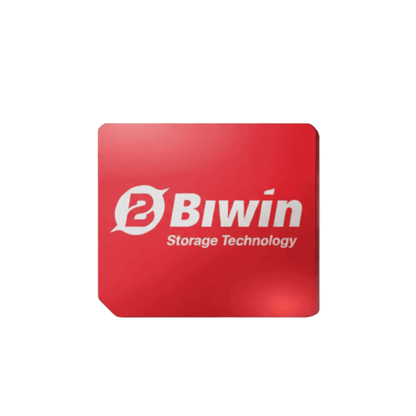 The logo for Biwin Storage Technology, featuring a stylized white "B" and the text "Biwin Storage Technology" in white on a glossy red, square card, set against a dark green background.