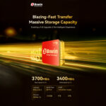 A promotional graphic highlighting the speed and capacity of the Biwin Mini SSD. The red 1TB SSD is shown on a background of blurry, high-speed yellow and orange light trails. The title reads "Blazing-Fast Transfer Massive Storage Capacity". Sequential speeds are prominently displayed as 3700MB/s read and 3400MB/s write, with a table listing capacities of 512GB, 1TB, and 2TB.