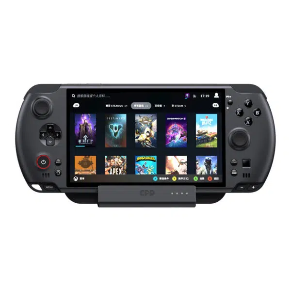 Een direct vooraanzicht van de zwarte GPD WIN 5 handheld console die veilig in het dock rust. Het scherm toont een interface voor de videogamebibliotheek (Steam OS-stijl) met verschillende spelcovers zoals Destiny 2, Overwatch 2 en Apex. Het prominente GPD-logo en de LED-indicatoren van het dock zijn zichtbaar onder de console.