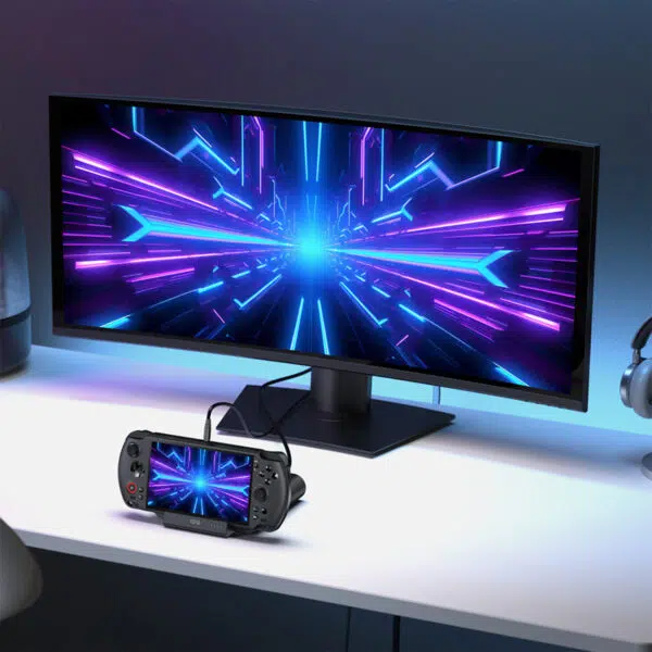 Een gamingopstelling met de GPD WIN 5 gedockt op een wit bureau voor een grote, ultrabrede monitor. Zowel het scherm van de console als de externe monitor tonen een bijpassende, levendige blauwe en paarse abstracte tunnelafbeelding met hoge snelheid. De scène wordt verlicht met sfeervolle neonverlichting.