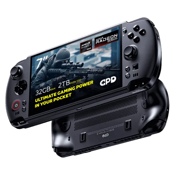 A dynamic shot of two black GPD WIN 5 handheld gaming consoles on a black background. The top device is angled to show its screen, which displays a first-person shooter game and features prominent overlays: 7" screen, AMD Ryzen AI Max, AMD Radeon 8060S graphics, 32GB RAM, and 2TB NVMe SSD. The bottom device is flipped over, showing its ergonomic grips and ventilation grilles.