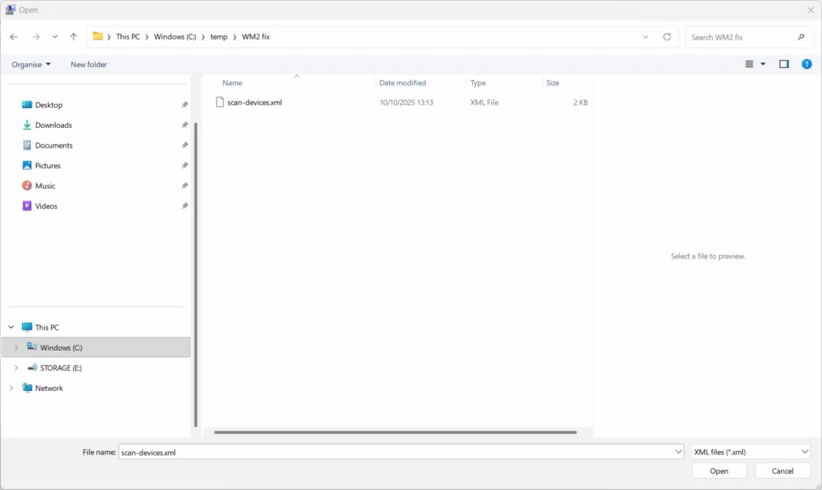 Odprite datoteko scan-devices xml