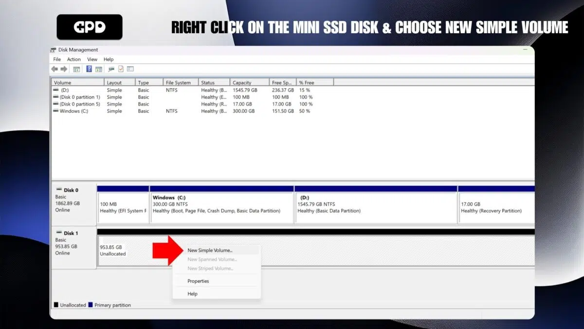 Clicca con il tasto destro del mouse sul disco Mini SSD e scegli Nuovo volume semplice.