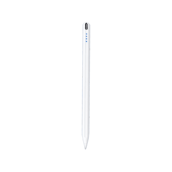A simple, isolated product shot of the long, white stylus pen with blue LED indicator lights visible near the top, set against a solid dark green background.