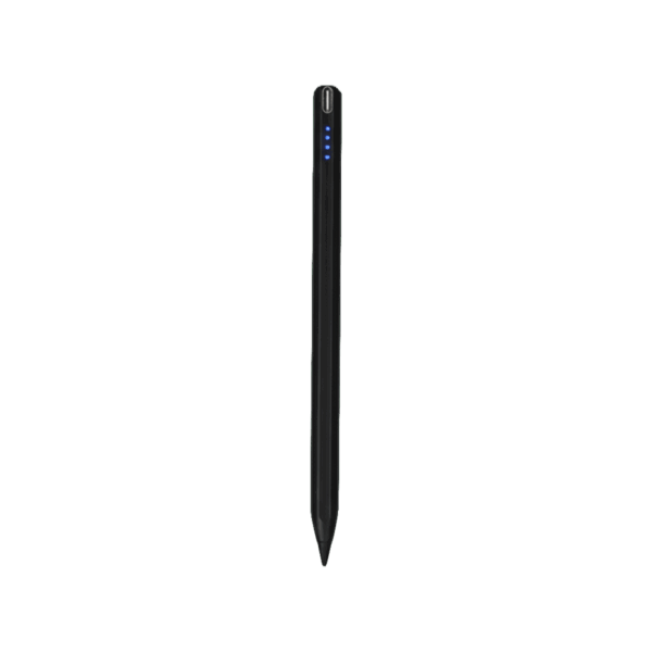 A simple, isolated product shot of the long, black stylus pen with blue LED indicator lights visible near the top, set against a solid dark green background.