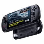 GPD-WIN-5-INFOGRAPHIC-395-128-4-01 A dynamic shot of two black GPD WIN 5 handheld gaming consoles on a black background. The top device is angled to show its screen, which displays a first-person shooter game and features prominent overlays: 7" screen, AMD Ryzen AI Max, AMD Radeon 8060S graphics, 128GB RAM, and 4TB NVMe SSD. The bottom device is flipped over, showing its ergonomic grips and ventilation grilles.