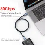 Fokus: 80 Gbps datahastighed Visuel: Top-down-visning af kablet, der forbinder en bærbar computer med en ekstern harddisk/SSD. Vigtig information: Stor rød tekst med 80 Gbps og påstanden om, at det kan overføre en fil på 15 GB på ca. 1 sekund.