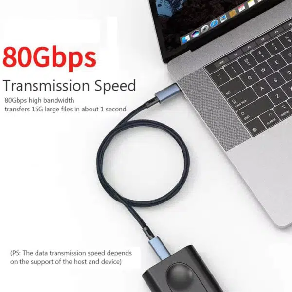 Fokus: 80 Gbps datahastighed Visuel: Top-down-visning af kablet, der forbinder en bærbar computer med en ekstern harddisk/SSD. Vigtig information: Stor rød tekst med 80 Gbps og påstanden om, at det kan overføre en fil på 15 GB på ca. 1 sekund.