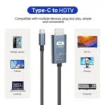 Eine Produktinfografik mit dem Titel "Typ-C zu HDTV". Sie zeigt in der Mitte ein graues Type-C-auf-HDMI-Adapterkabel mit der Aufschrift "4K UHD". Zwei Spalten veranschaulichen die Kompatibilität: die linke Spalte zeigt Symbole für Mobiltelefone, Tablets und Laptops; die rechte Spalte zeigt Symbole für HDTVs, Monitore und Projektoren. Im Text heißt es, das Gerät sei "Kompatibel mit mehreren Geräten, Plug & Play, einfach und bequem".