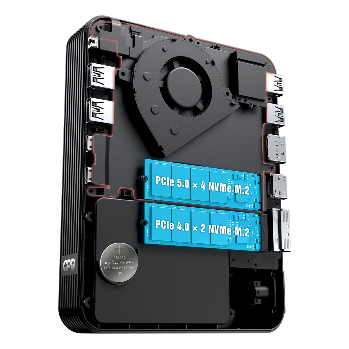 Internal layout diagram of a compact GPD computer or dock. The image shows a large black centrifugal cooling fan at the top, two blue-highlighted M.2 SSD slots labeled "PCIe 5.0 x 4 NVMe M.2" and "PCIe 4.0 x 2 NVMe M.2," and a silver CR2032 lithium battery. Various internal port headers are visible along the edges of the black chassis.