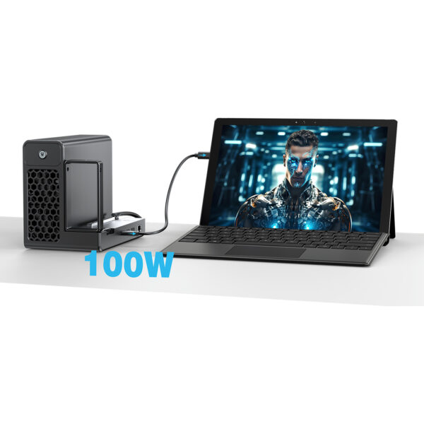 GPD G2 eGPU-kabinettet er tilsluttet en 2-i-1-tablet-pc via USB4, hvilket giver 100 W Power Delivery-opladning, samtidig med at den grafiske ydeevne udvides til avancerede spil og AI-arbejdsbelastninger.