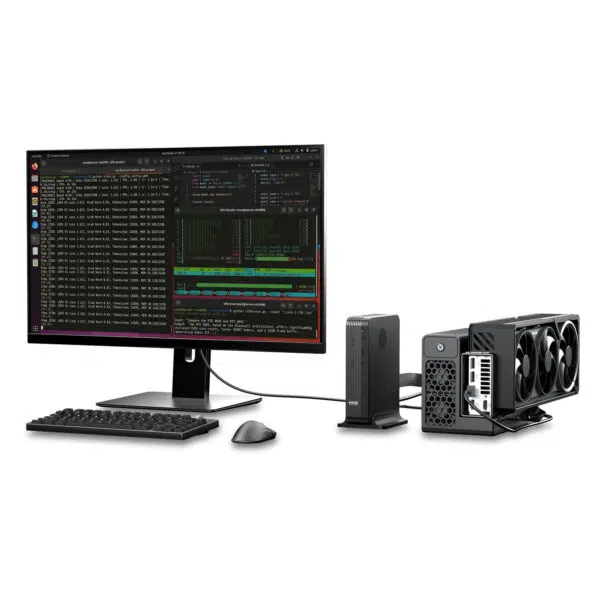 GPD G2 utilised in a professional workstation setup for Linux-based data processing, AI model monitoring, and software development.