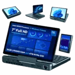 An infographic showcasing the versatile display modes of the GPD MicroPC 2. A central image shows the device open in laptop mode, with a detailed dashboard on its screen. Around it, smaller versions of the device are shown in different orientations: in tablet mode, inverted V-shape, and portrait mode. Bullet points at the bottom highlight key features like the processor, screen size, and storage capacity. The background is a solid dark green.